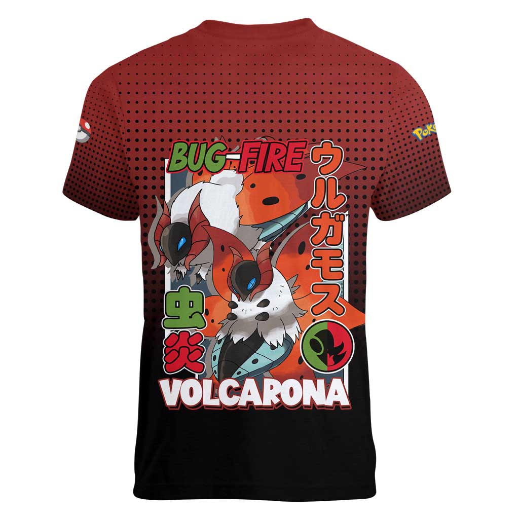 Volcarona from Poké Women V-Neck T-Shirt Bug and Fire Types Featuring Bright and Fiery Design - The Mazicc