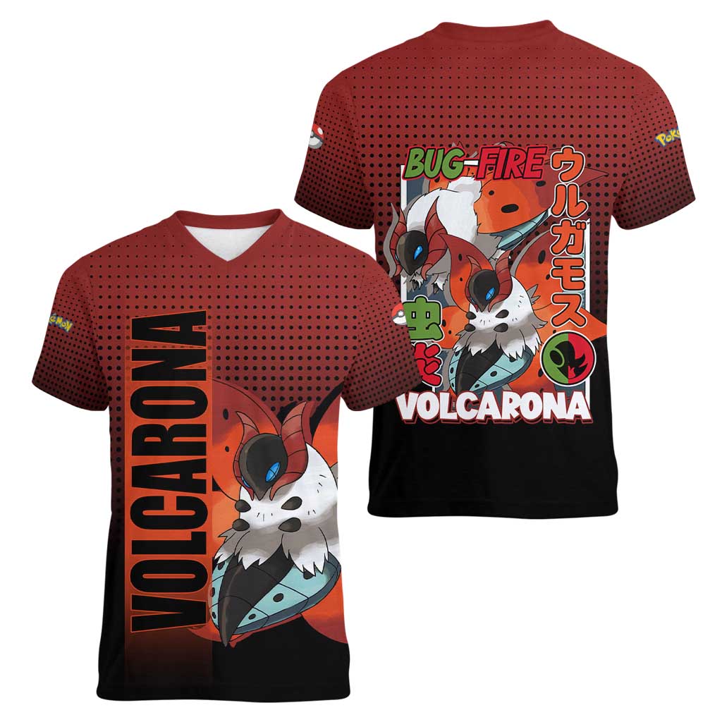 Volcarona from Poké Women V-Neck T-Shirt Bug and Fire Types Featuring Bright and Fiery Design - The Mazicc