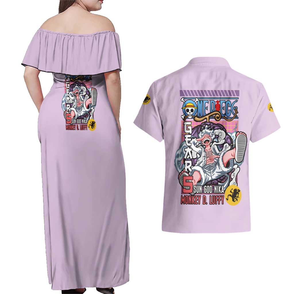 Monkey D. Luffy Gear 5 And Demon Fruit Nika - One Piece Couples Matching Off Shoulder Maxi Dress and Hawaiian Shirt Anime Style