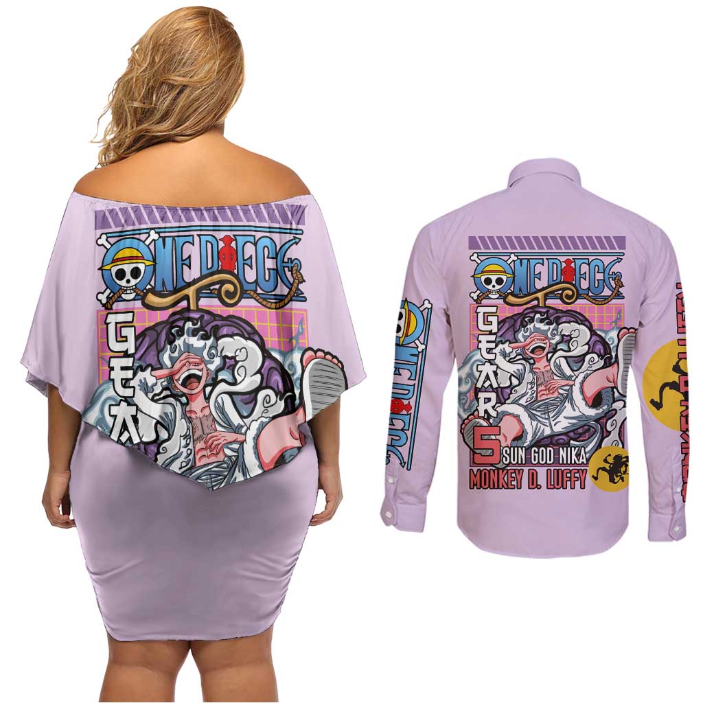 Monkey D. Luffy Gear 5 And Demon Fruit Nika - One Piece Couples Matching Off Shoulder Short Dress and Long Sleeve Button Shirt Anime Style