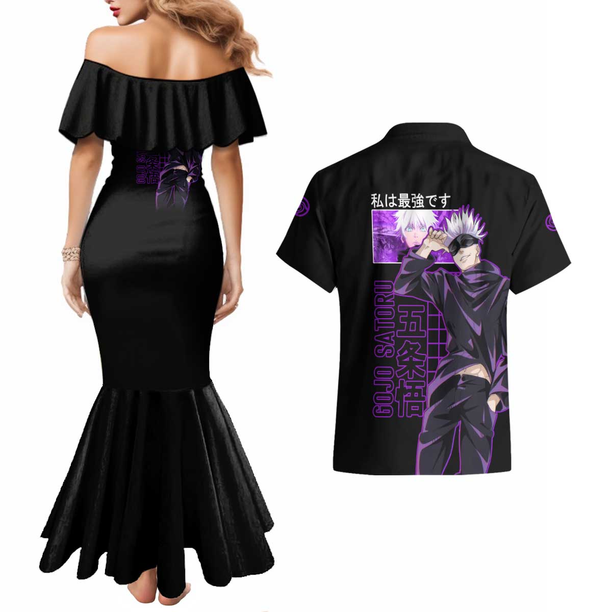 Gojo Satoru Sensei - Jujutsu Kaisen Couples Matching Mermaid Dress and Hawaiian Shirt Anime Japan Art Style