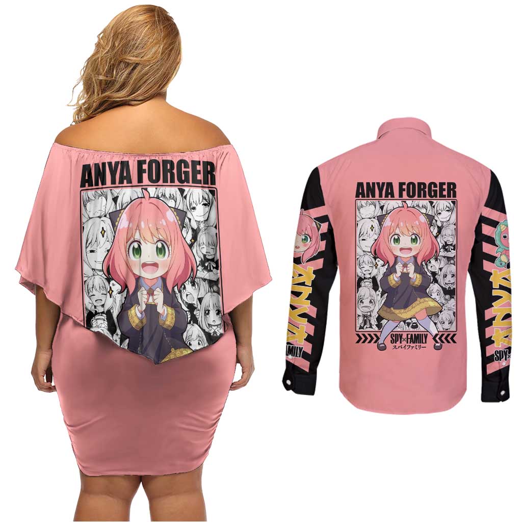 Anya Forger Spy x Family Couples Matching Off Shoulder Short Dress and Long Sleeve Button Shirt Anime Style