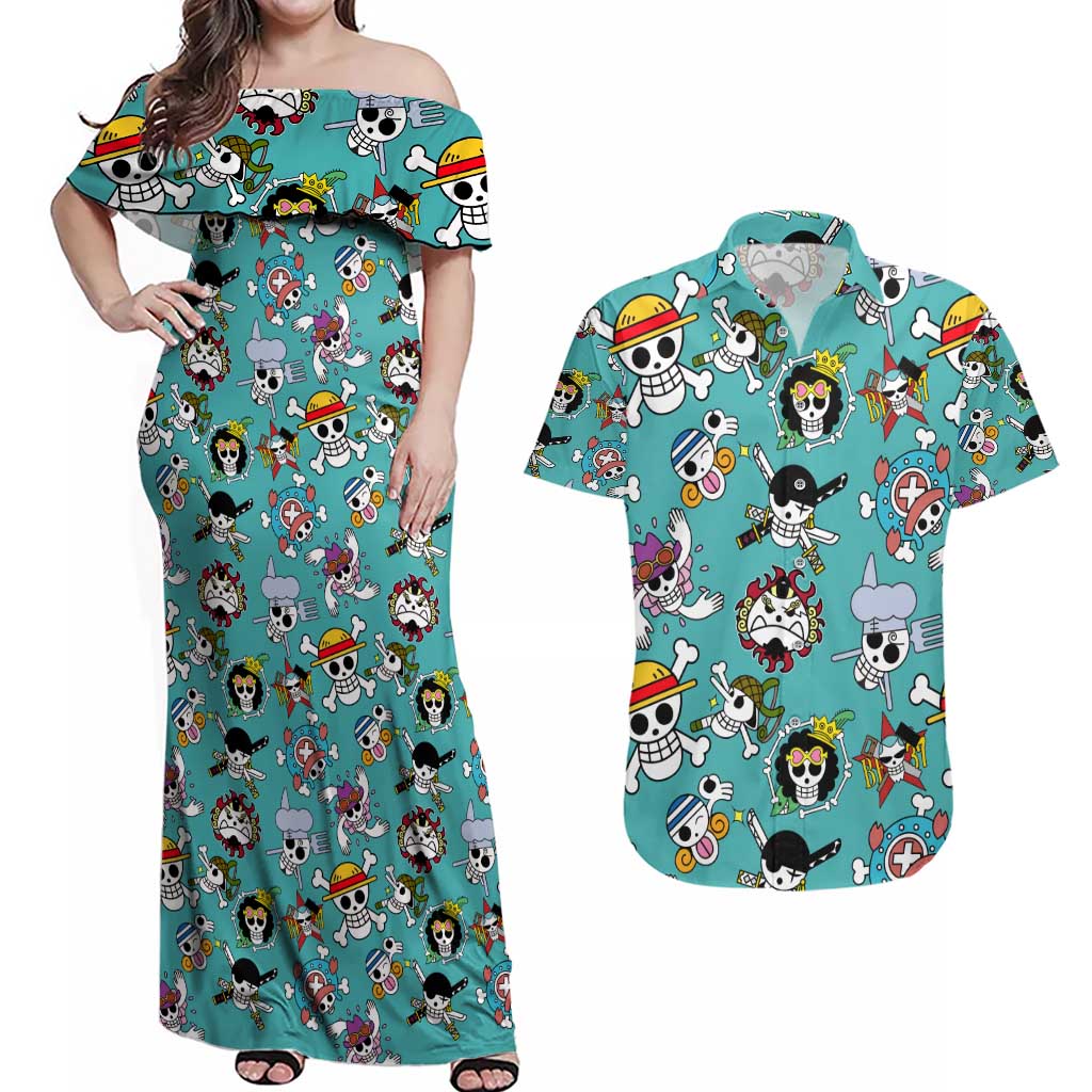 Strawhats Jolly Roger One Piece Couples Matching Off Shoulder Maxi Dress and Hawaiian Shirt Anime Pattern Style