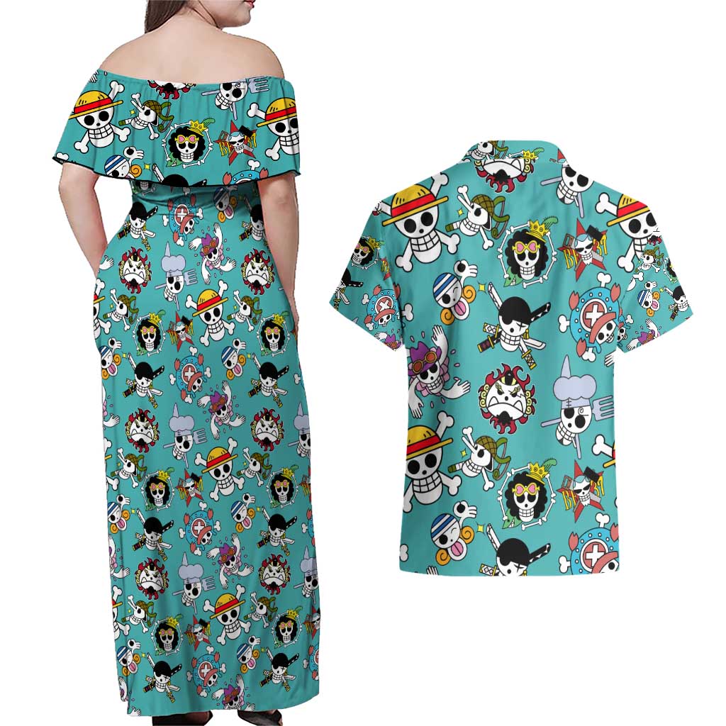 Strawhats Jolly Roger One Piece Couples Matching Off Shoulder Maxi Dress and Hawaiian Shirt Anime Pattern Style