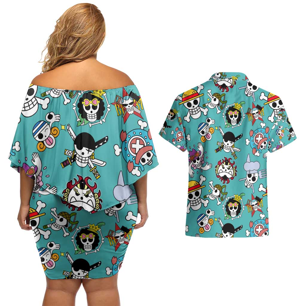 Strawhats Jolly Roger One Piece Couples Matching Off Shoulder Short Dress and Hawaiian Shirt Anime Pattern Style