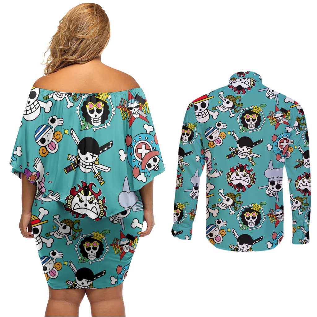 Strawhats Jolly Roger One Piece Couples Matching Off Shoulder Short Dress and Long Sleeve Button Shirt Anime Pattern Style