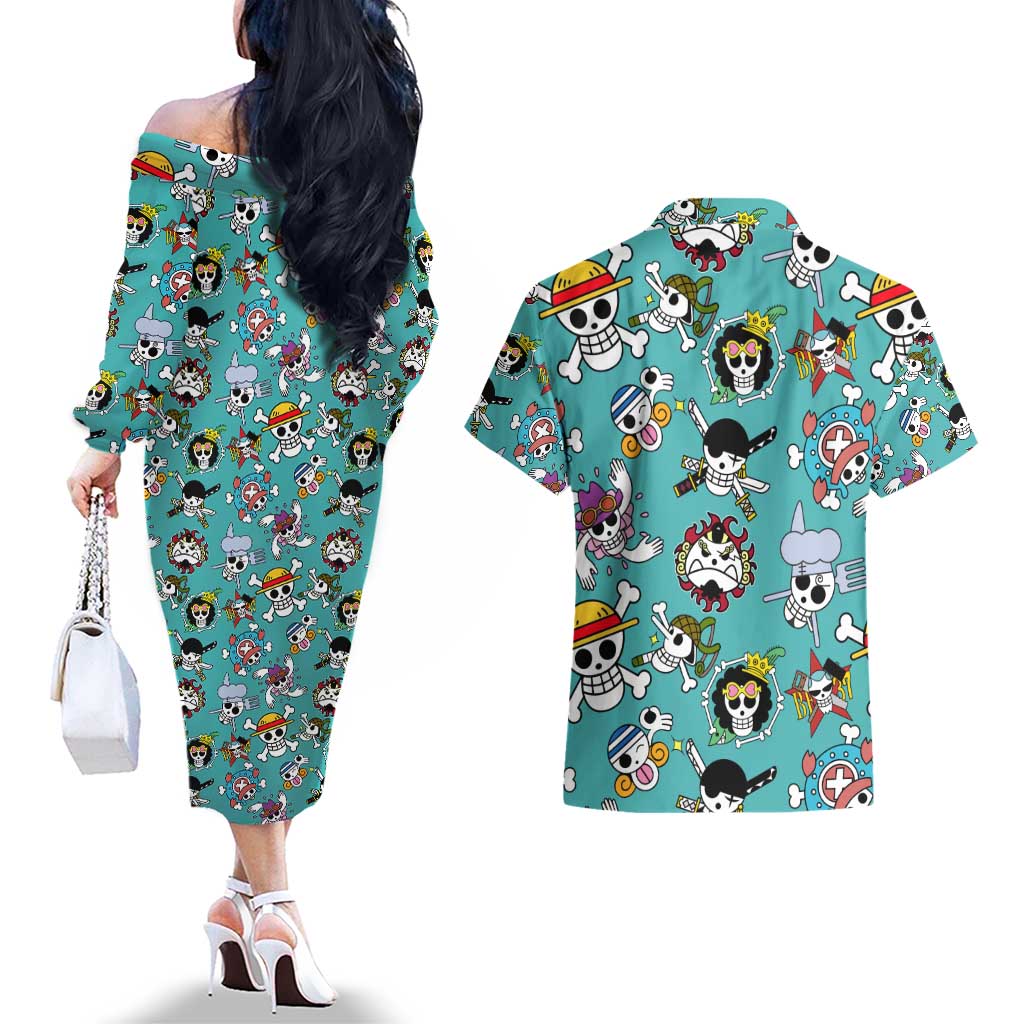 Strawhats Jolly Roger One Piece Couples Matching Off The Shoulder Long Sleeve Dress and Hawaiian Shirt Anime Pattern Style