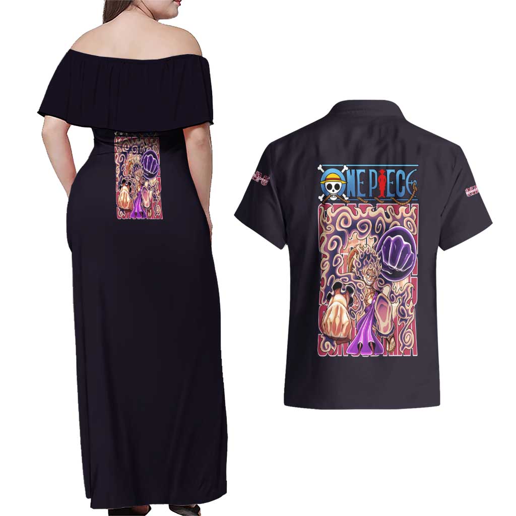 Gear 5th Luffy One Piece Couples Matching Off Shoulder Maxi Dress and Hawaiian Shirt Anime Style