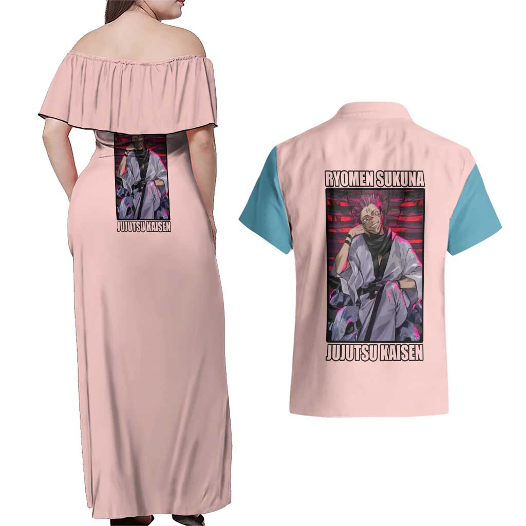 Ryomen Sukuna - Jujutsu Kaisen Couples Matching Off Shoulder Maxi Dress and Hawaiian Shirt Anime Style