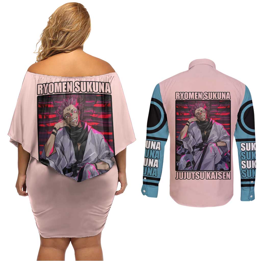 Ryomen Sukuna - Jujutsu Kaisen Couples Matching Off Shoulder Short Dress and Long Sleeve Button Shirt Anime Style