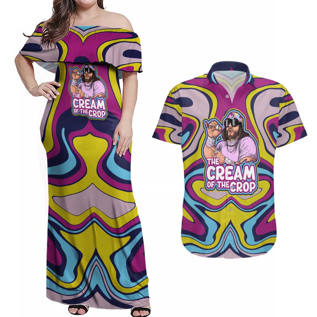The Cream of the Crop Trippy Randy Savage Pop Culture Couples Matching Off Shoulder Maxi Dress and Hawaiian Shirt Anime Style