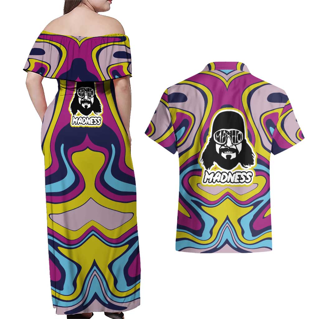 The Cream of the Crop Trippy Randy Savage Pop Culture Couples Matching Off Shoulder Maxi Dress and Hawaiian Shirt Anime Style