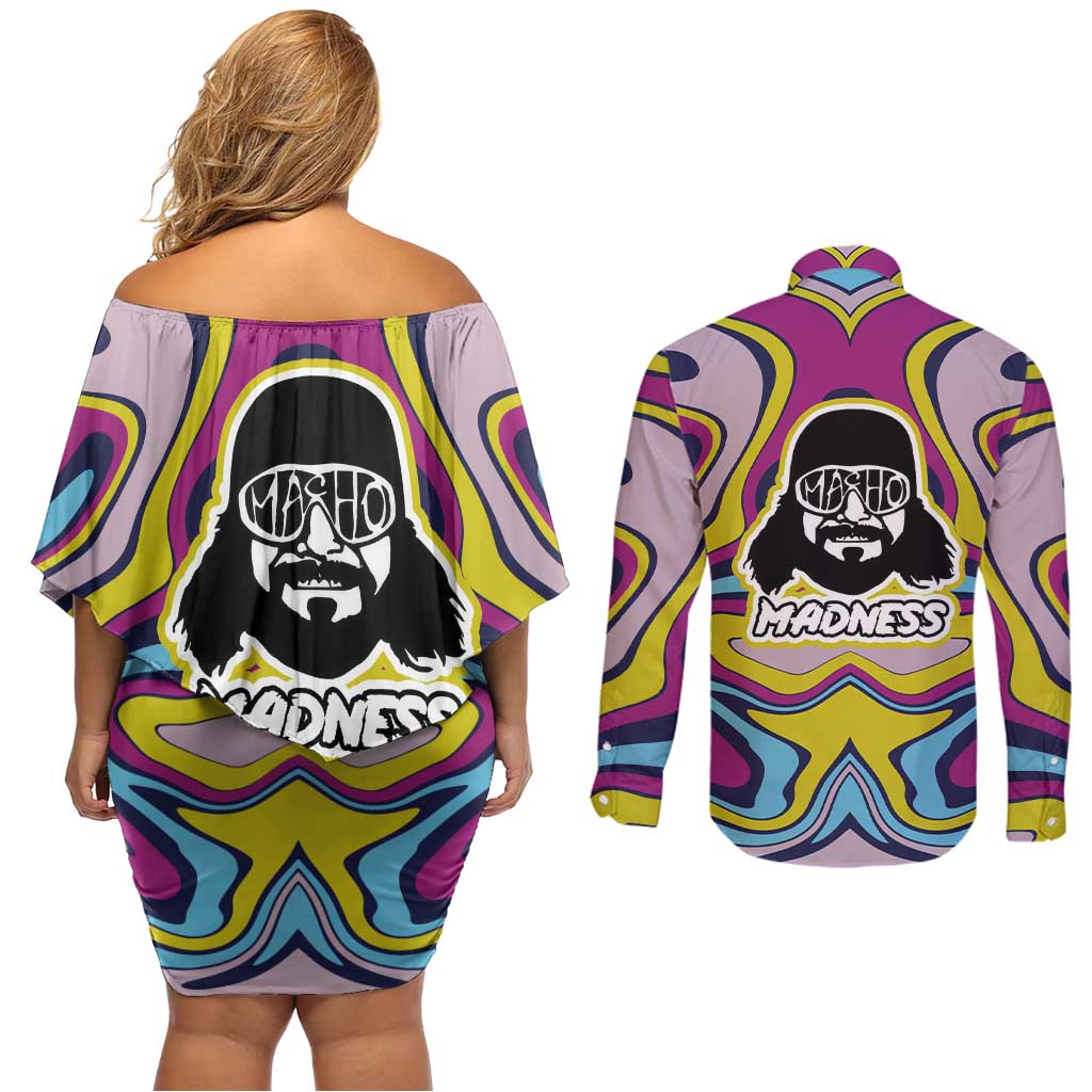 The Cream of the Crop Trippy Randy Savage Pop Culture Couples Matching Off Shoulder Short Dress and Long Sleeve Button Shirt Anime Style