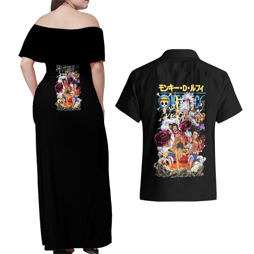 Monkey D. Luffy One Piece Couples Matching Off Shoulder Maxi Dress and Hawaiian Shirt Anime Style