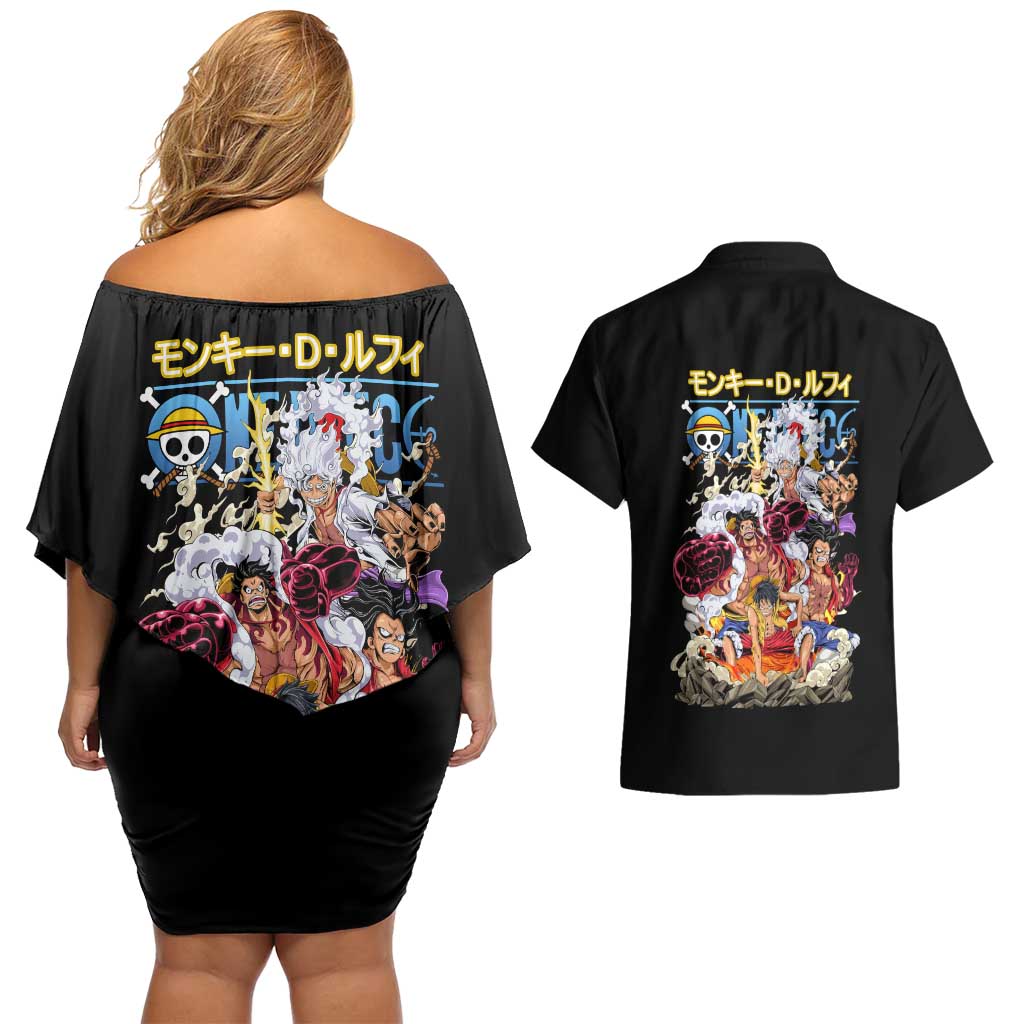 Monkey D. Luffy One Piece Couples Matching Off Shoulder Short Dress and Hawaiian Shirt Anime Style