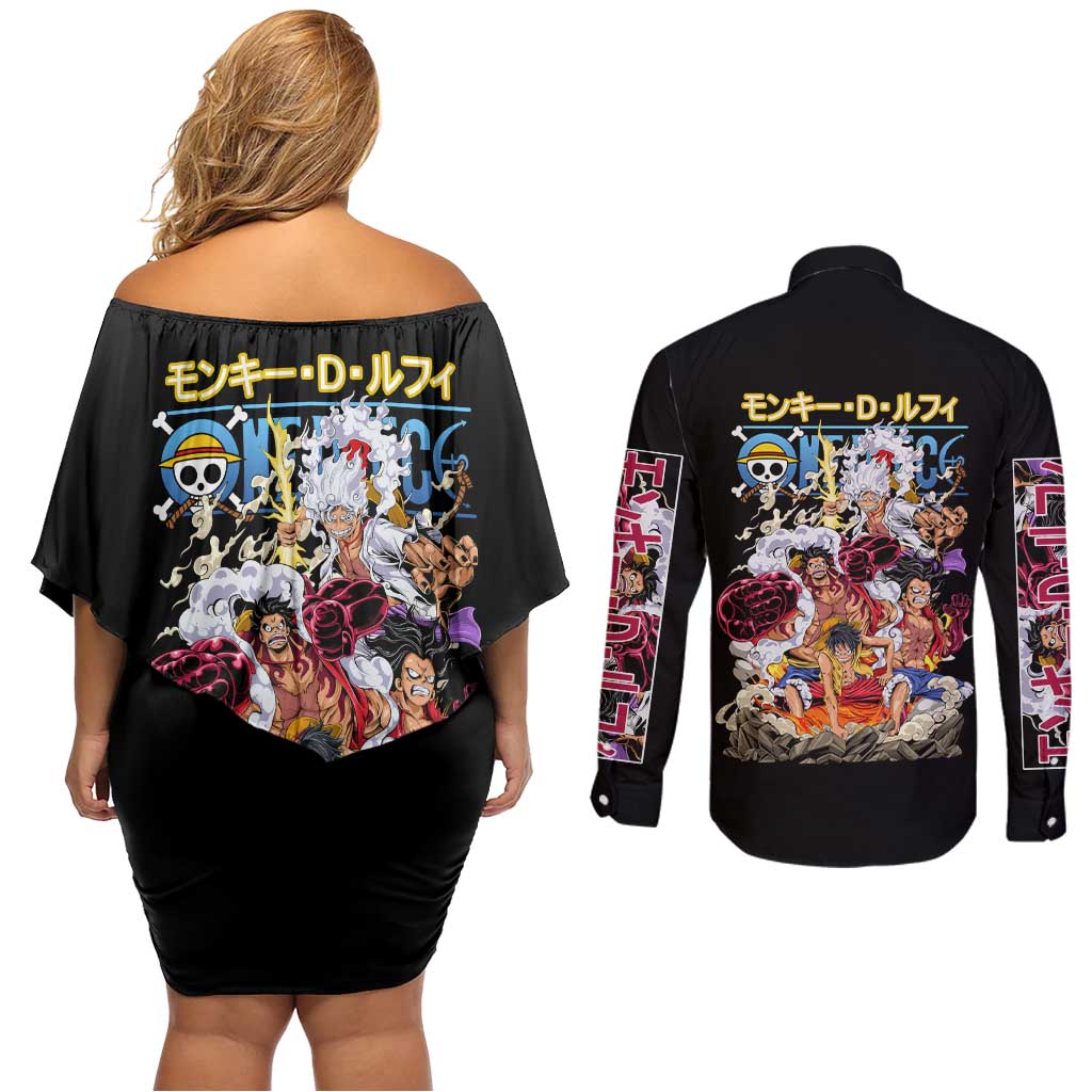Monkey D. Luffy One Piece Couples Matching Off Shoulder Short Dress and Long Sleeve Button Shirt Anime Style