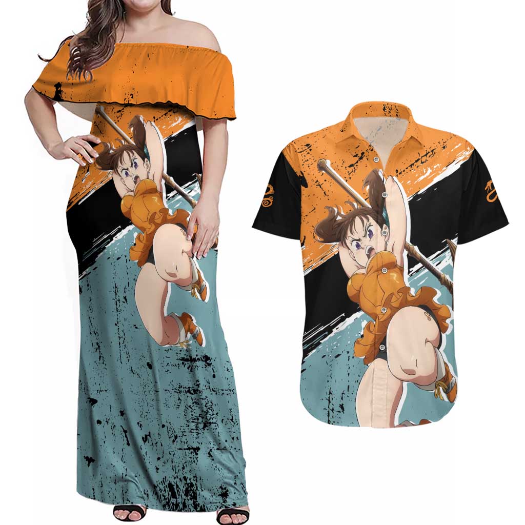 Diane - Nanatsu No Taizai Couples Matching Off Shoulder Maxi Dress and Hawaiian Shirt Anime Style