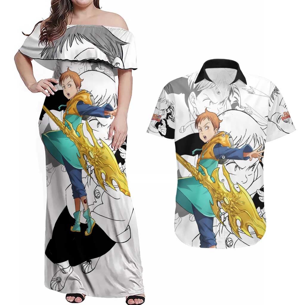 King - Nanatsu No Taizai Couples Matching Off Shoulder Maxi Dress and Hawaiian Shirt Anime Mix Manga Style