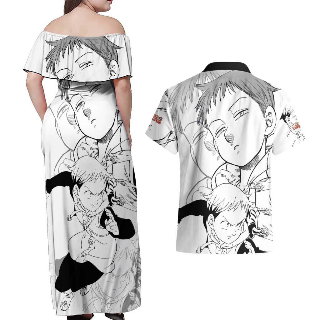 King - Nanatsu No Taizai Couples Matching Off Shoulder Maxi Dress and Hawaiian Shirt Anime Mix Manga Style