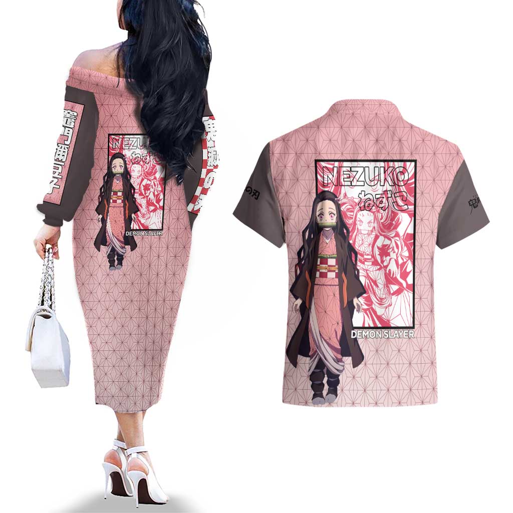 Kamado Nezuko Haori Demon Slayer Couples Matching Off The Shoulder Long Sleeve Dress and Hawaiian Shirt Anime Style