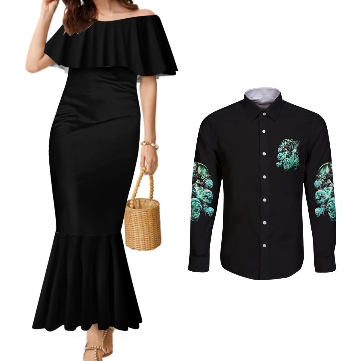 im-never-alone-skull-reaper-couples-matching-mermaid-dress-and-long-sleeve-button-shirt