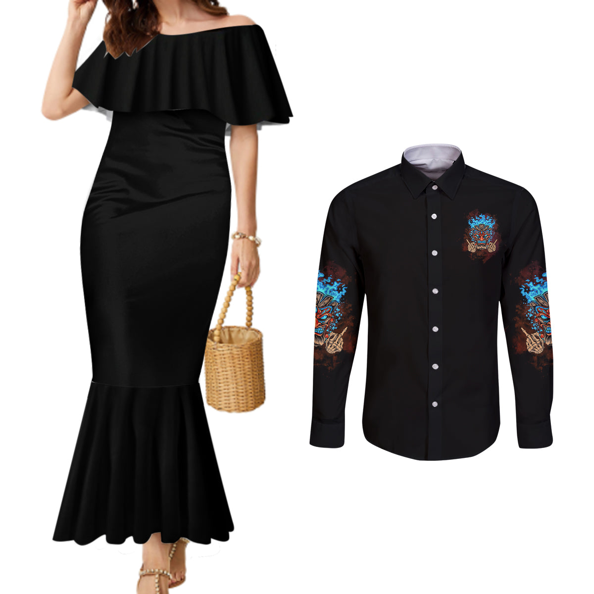my-give-a-f-tiki-skull-couples-matching-mermaid-dress-and-long-sleeve-button-shirt