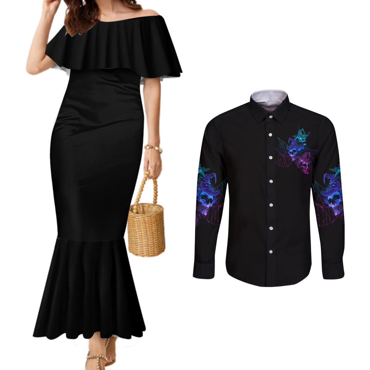 the-good-girl-in-me-got-tired-skull-witch-halloween-couples-matching-mermaid-dress-and-long-sleeve-button-shirt