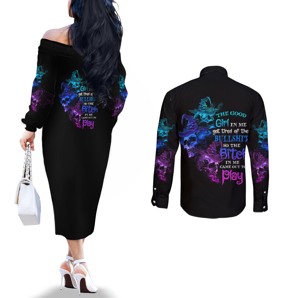 the-good-girl-in-me-got-tired-skull-witch-halloween-couples-matching-off-the-shoulder-long-sleeve-dress-and-long-sleeve-button-shirt