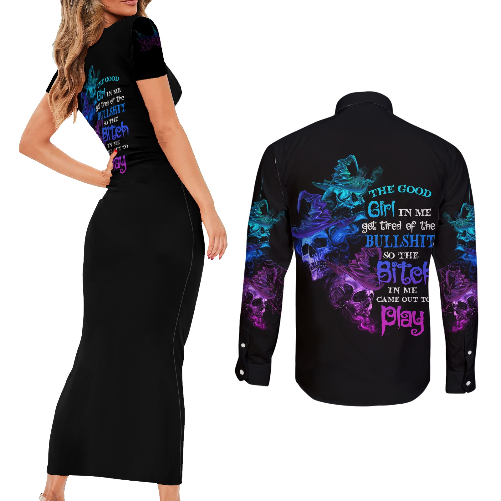 the-good-girl-in-me-got-tired-skull-witch-halloween-couples-matching-short-sleeve-bodycon-dress-and-long-sleeve-button-shirt
