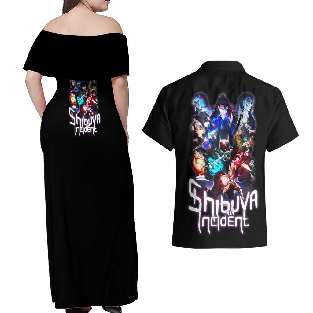 Shibuya Incident Jujutsu Kaisen Couples Matching Off Shoulder Maxi Dress and Hawaiian Shirt Anime Style