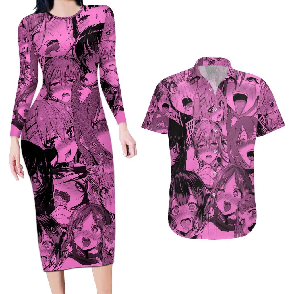 Ahegao Manga Couples Matching Long Sleeve Bodycon Dress and Hawaiian Shirt Anime Mid Manga Style