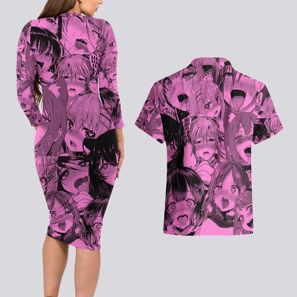Ahegao Manga Couples Matching Long Sleeve Bodycon Dress and Hawaiian Shirt Anime Mid Manga Style