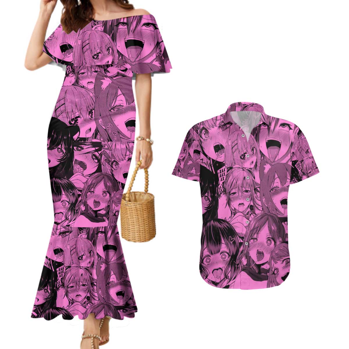 Ahegao Manga Couples Matching Mermaid Dress and Hawaiian Shirt Anime Mid Manga Style