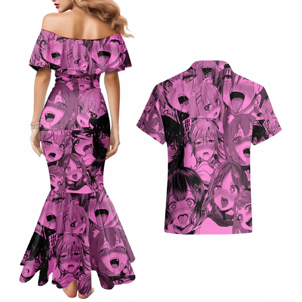 Ahegao Manga Couples Matching Mermaid Dress and Hawaiian Shirt Anime Mid Manga Style