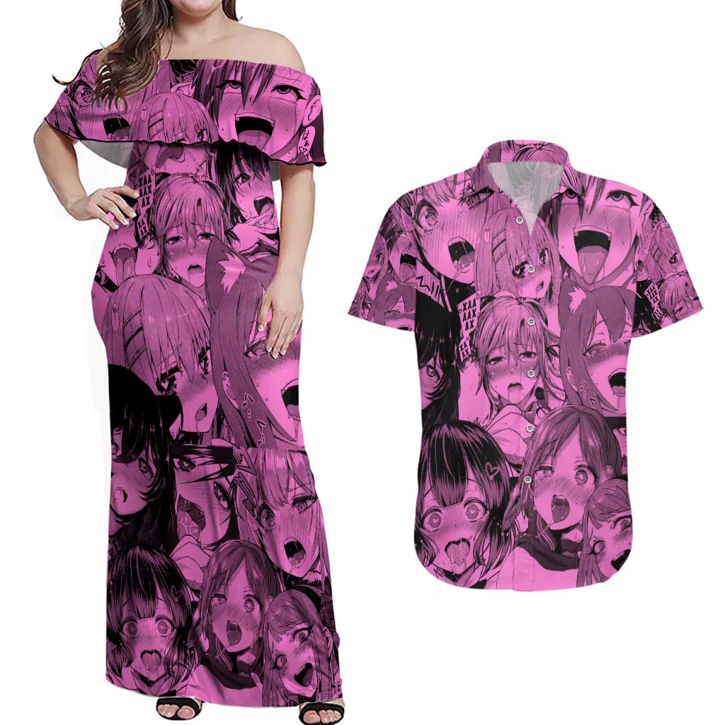 Ahegao Manga Couples Matching Off Shoulder Maxi Dress and Hawaiian Shirt Anime Mid Manga Style