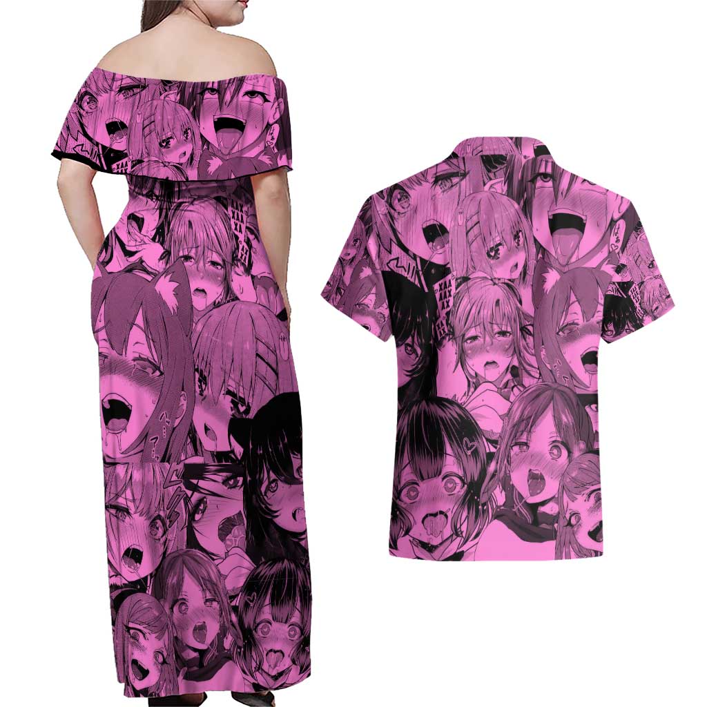 Ahegao Manga Couples Matching Off Shoulder Maxi Dress and Hawaiian Shirt Anime Mid Manga Style