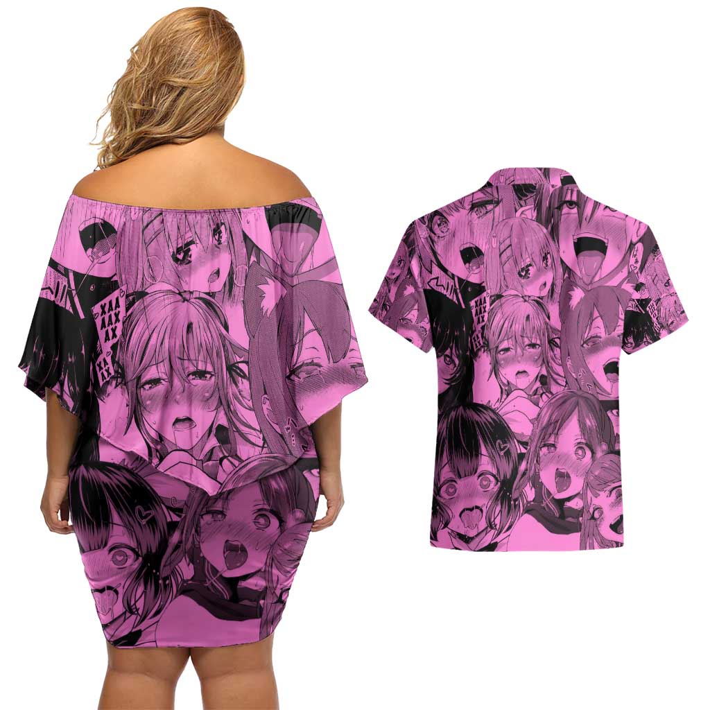 Ahegao Manga Couples Matching Off Shoulder Short Dress and Hawaiian Shirt Anime Mid Manga Style