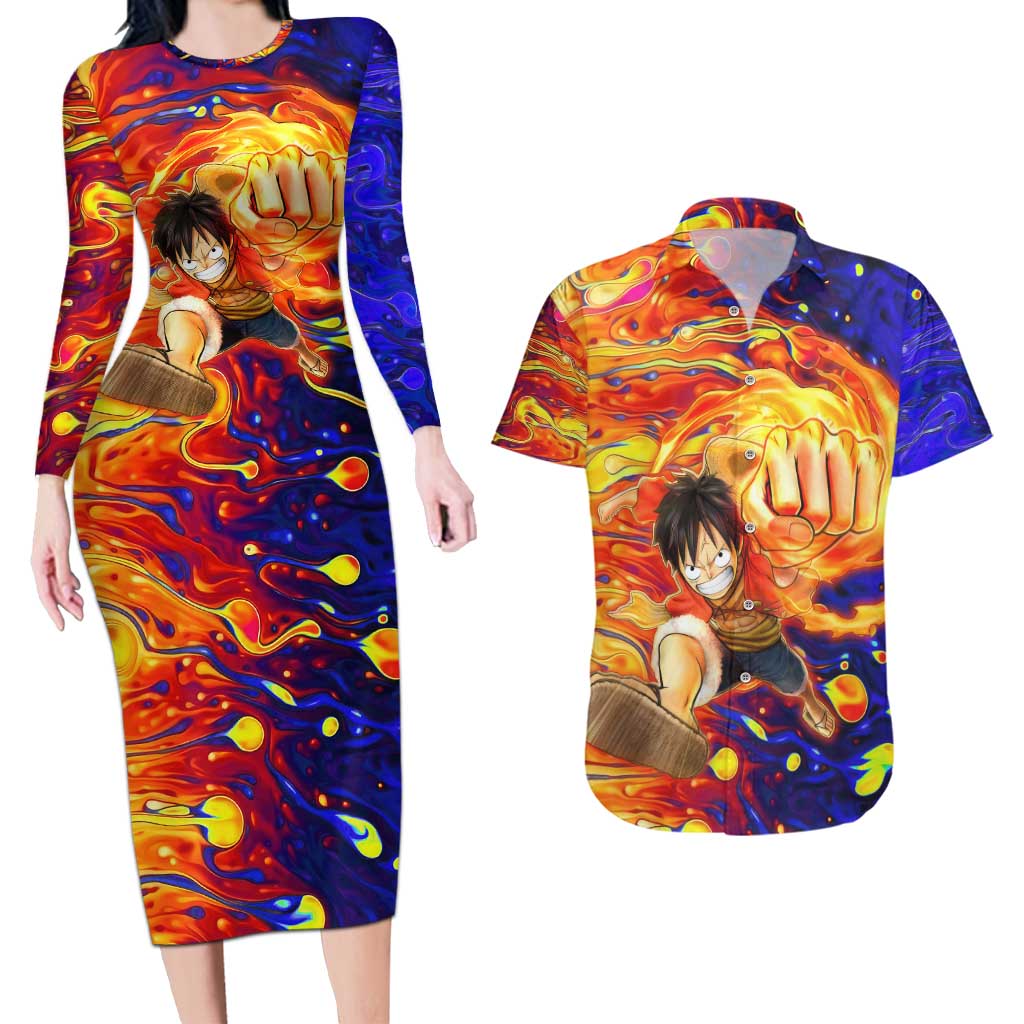 One Piece Trippy Luffy Couples Matching Long Sleeve Bodycon Dress and Hawaiian Shirt Anime Mid Trippy Style