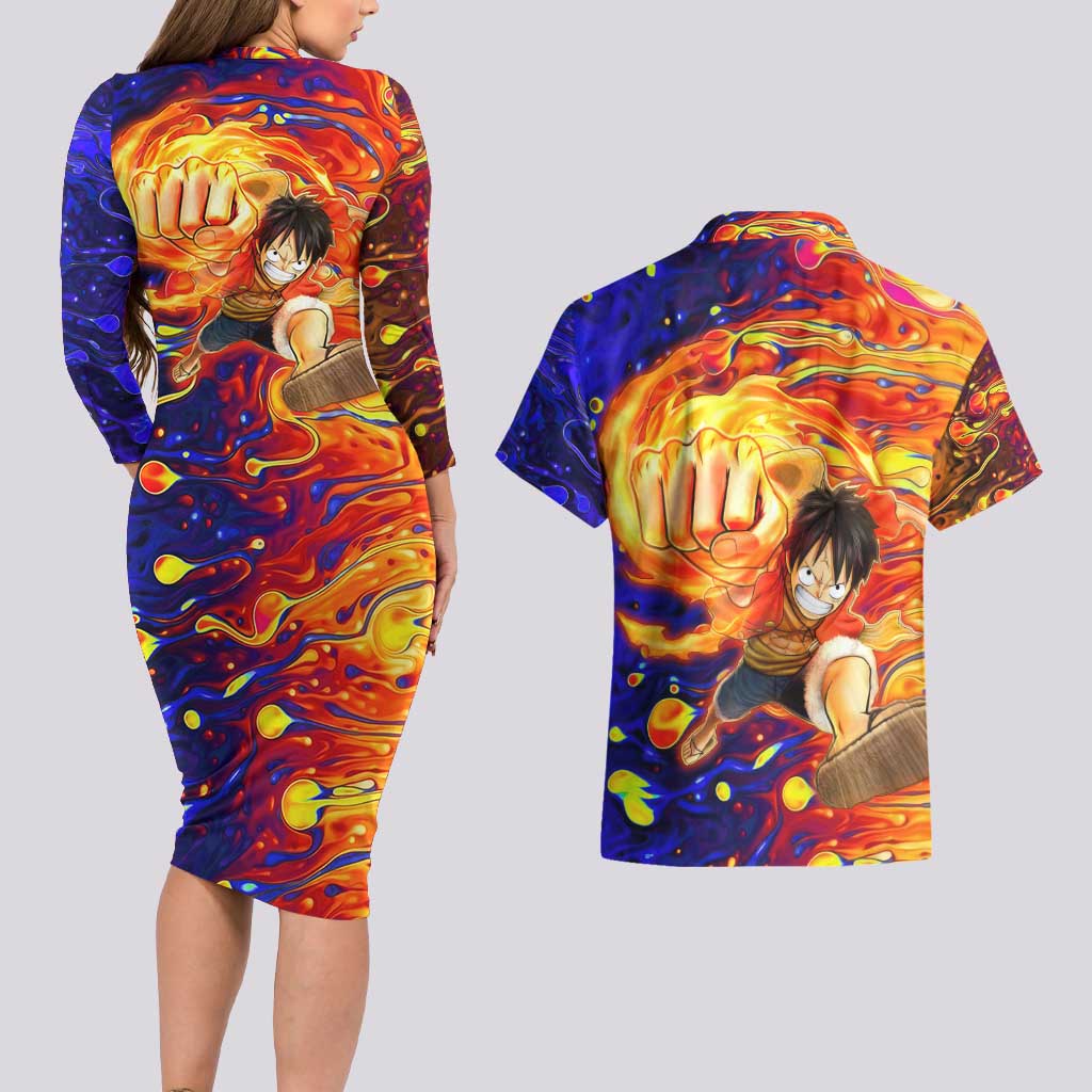 One Piece Trippy Luffy Couples Matching Long Sleeve Bodycon Dress and Hawaiian Shirt Anime Mid Trippy Style