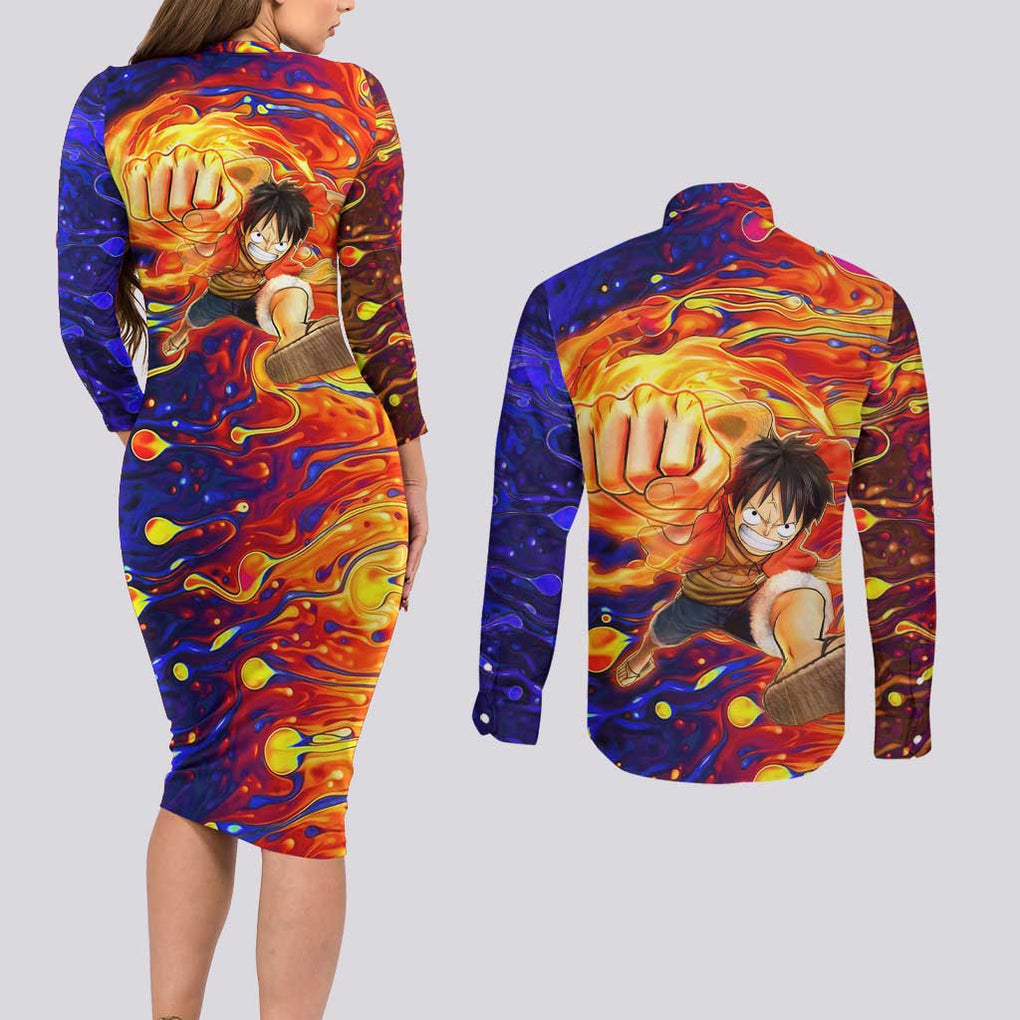 One Piece Trippy Luffy Couples Matching Long Sleeve Bodycon Dress and Long Sleeve Button Shirt Anime Mid Trippy Style