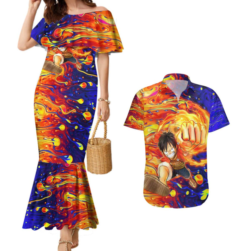 One Piece Trippy Luffy Couples Matching Mermaid Dress and Hawaiian Shirt Anime Mid Trippy Style