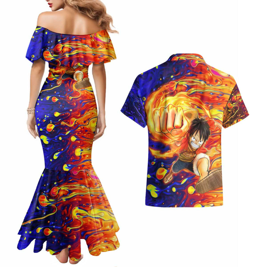One Piece Trippy Luffy Couples Matching Mermaid Dress and Hawaiian Shirt Anime Mid Trippy Style