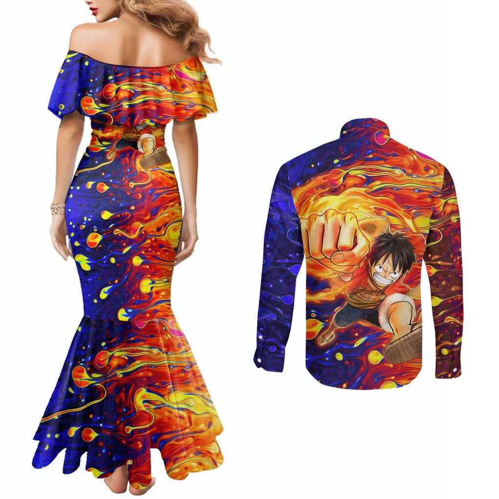 One Piece Trippy Luffy Couples Matching Mermaid Dress and Long Sleeve Button Shirt Anime Mid Trippy Style