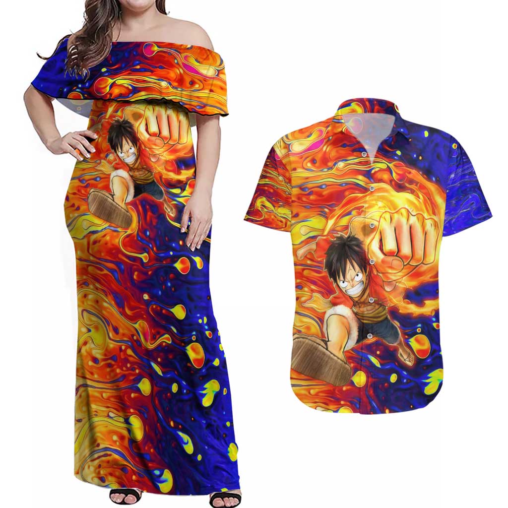 One Piece Trippy Luffy Couples Matching Off Shoulder Maxi Dress and Hawaiian Shirt Anime Mid Trippy Style