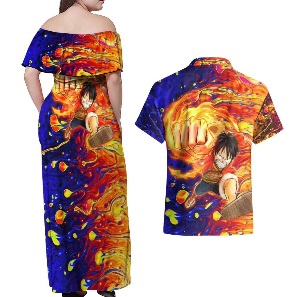 One Piece Trippy Luffy Couples Matching Off Shoulder Maxi Dress and Hawaiian Shirt Anime Mid Trippy Style