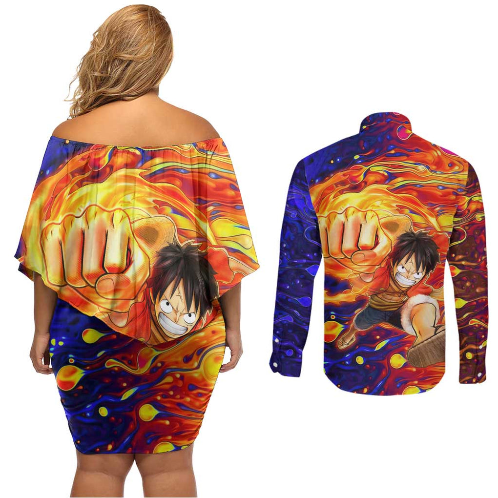 One Piece Trippy Luffy Couples Matching Off Shoulder Short Dress and Long Sleeve Button Shirt Anime Mid Trippy Style