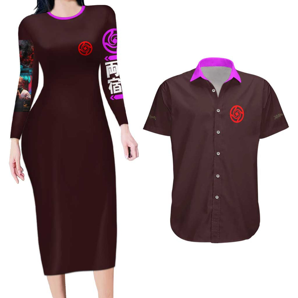 Ryomen Sukuna V2 Jujutsu Kaisen Couples Matching Long Sleeve Bodycon Dress and Hawaiian Shirt Anime Style