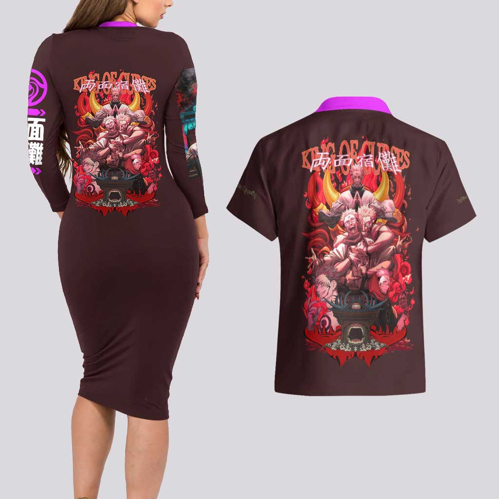 Ryomen Sukuna V2 Jujutsu Kaisen Couples Matching Long Sleeve Bodycon Dress and Hawaiian Shirt Anime Style