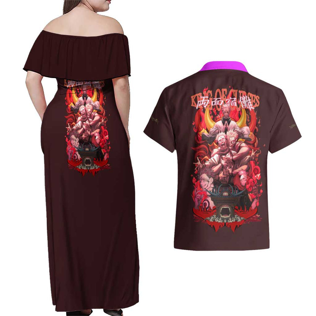 Ryomen Sukuna V2 Jujutsu Kaisen Couples Matching Off Shoulder Maxi Dress and Hawaiian Shirt Anime Style