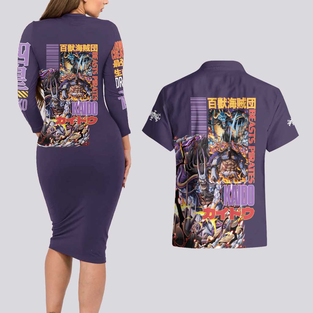 Kaido V2 One Piece Couples Matching Long Sleeve Bodycon Dress and Hawaiian Shirt Anime Style